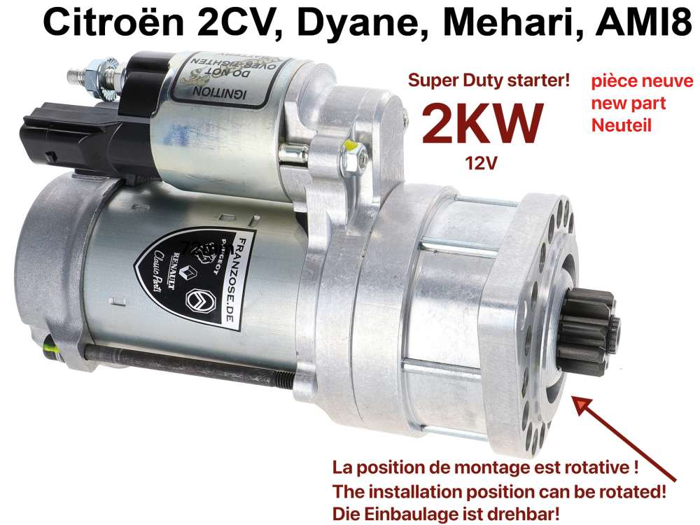 Citroen-2CV - Anlasser Super Duty (2KW!). Passend für Citroen 2CV6, AK, Dyane, Mehari, AMI8. Dieser Hoc
