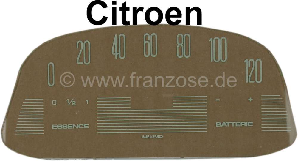 Citroen-2CV - Tacho Scheibe (120km/H), bedruckt (für den ovalen Veglia Tachometer, 12 Volt). Passend f