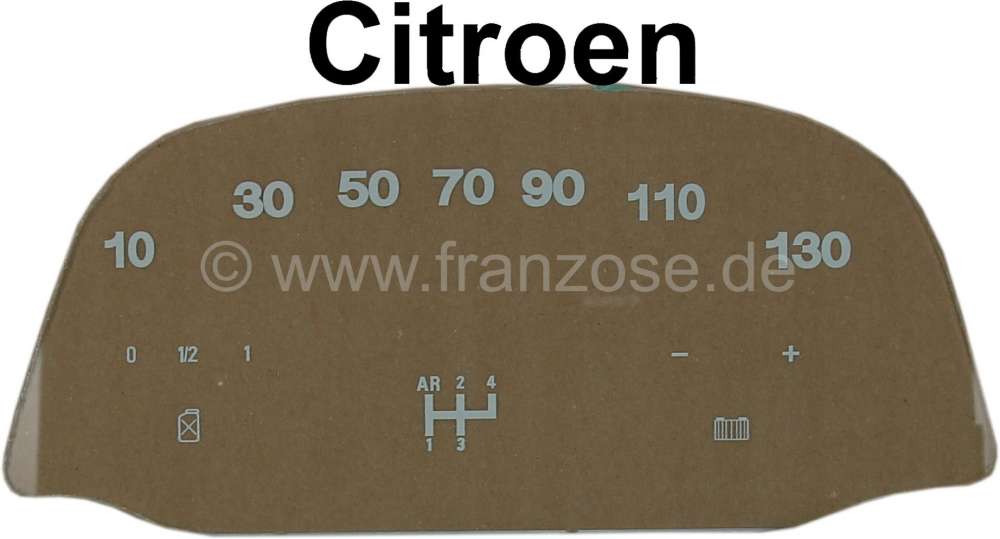 Citroen-2CV - Tacho Scheibe (130km/H), bedruckt (für den ovalen Jaeger Tachometer, 12 Volt). Passend f�