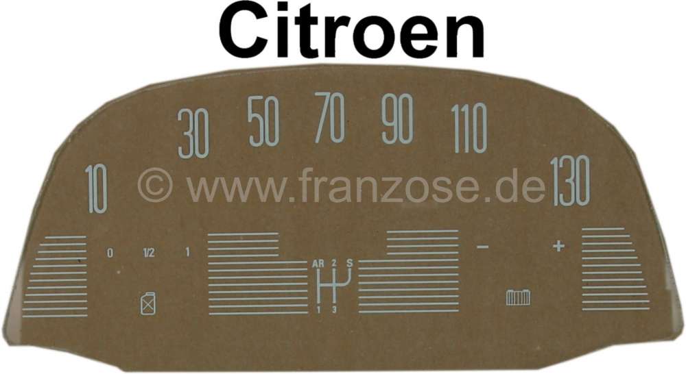 Citroen-2CV - Tacho Scheibe (130km/H), bedruckt (für den ovalen Jaeger Tachometer, 12 Volt). Passend f