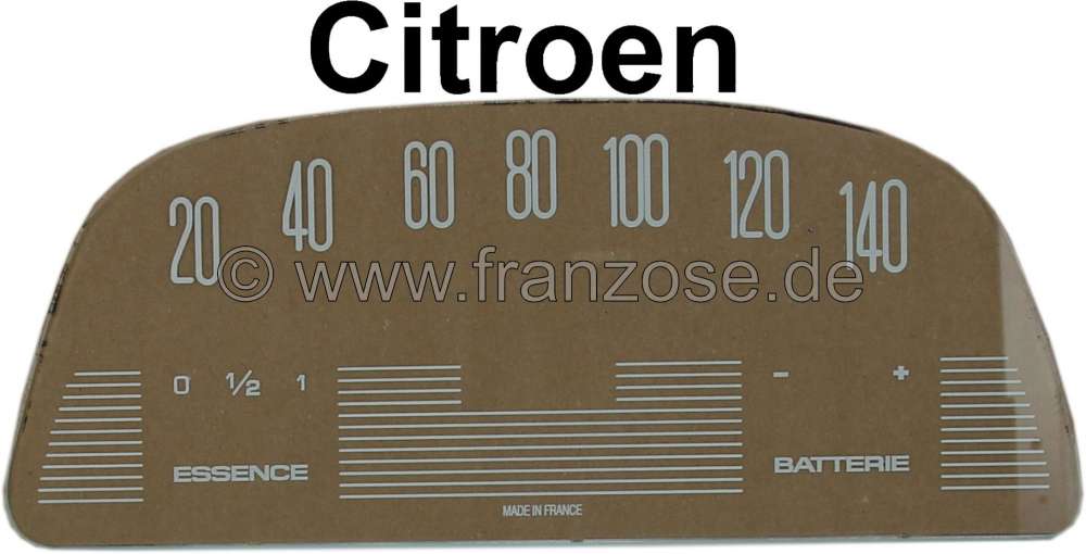 Citroen-2CV - Tacho Scheibe (140km/H), bedruckt (für den ovalen Veglia Tachometer, 12 Volt). Passend f