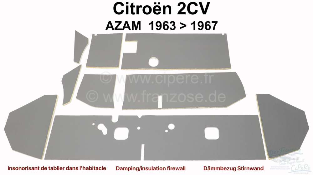 Citroen-DS-11CV-HY - Dämmbezug für die Stirnwand im Innenraum (9-teilig). Farbe grau. Passend für Citroen 2C