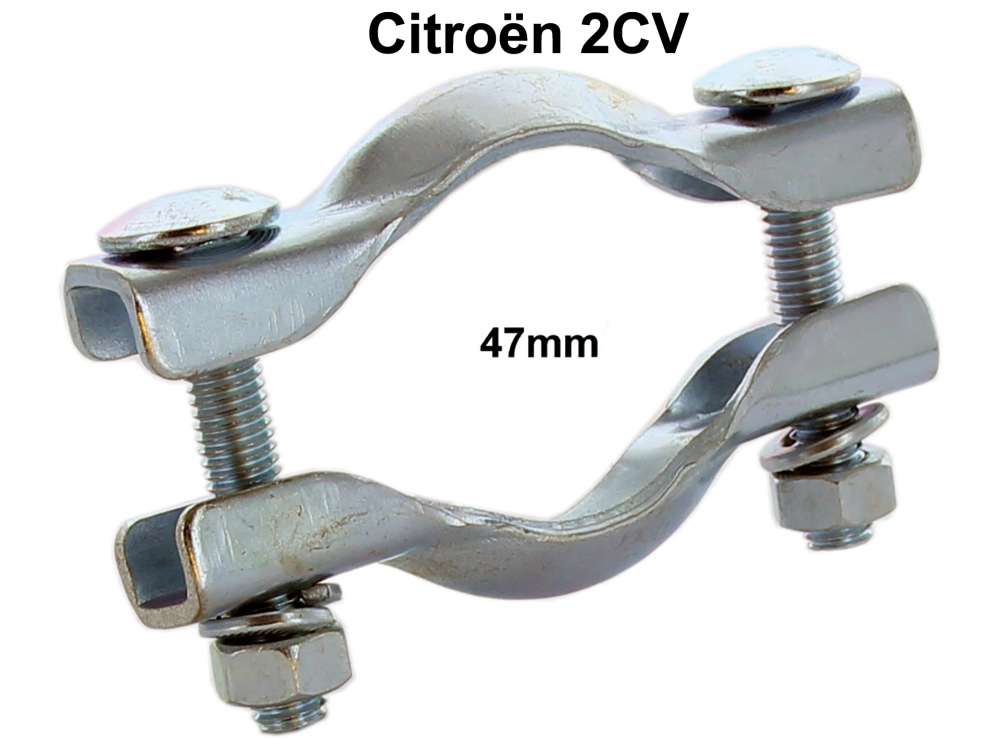 Citroen-2CV - 2CV6, Auspuffschelle 47mm. Top Nachfertigung! Quertopf zu S-Rohr, auch für 2CV4. Wir habe