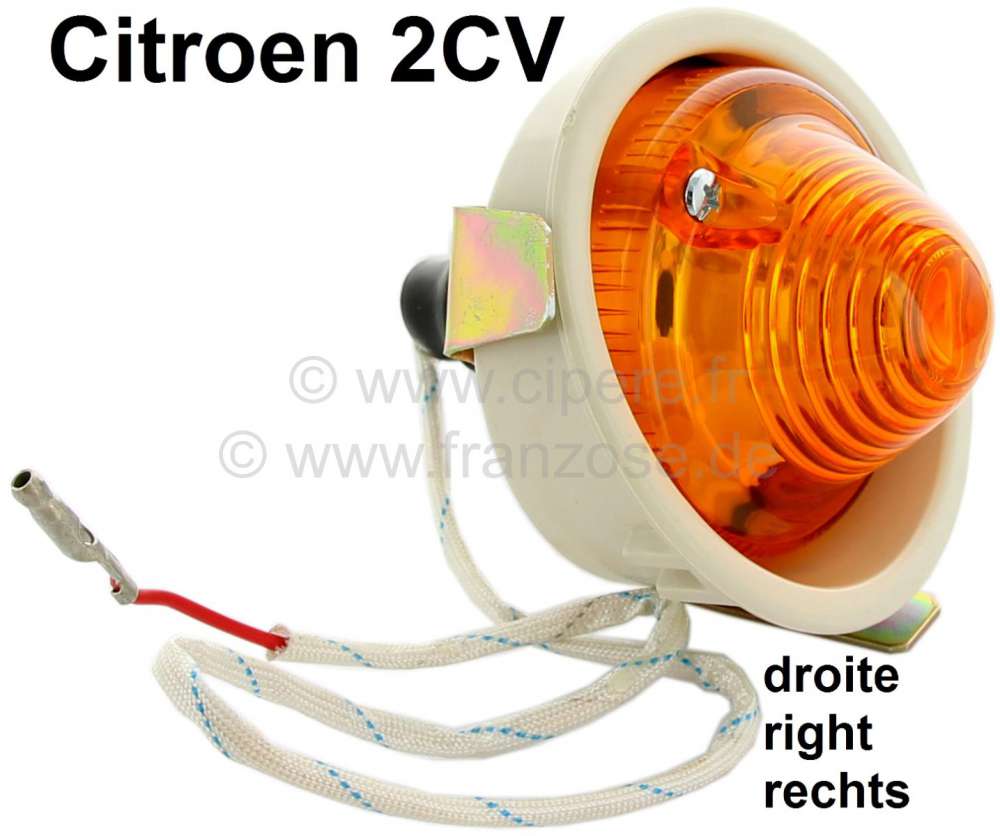 Citroen-2CV - Blinker vorne rechts (Nachbau, ohne Prüfzeichen) mit Halterung, für Citroen 2CV. Einfass