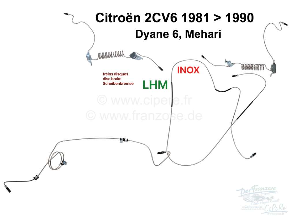 Citroen-2CV - Bremsleitung aus Edelstahl (kompletter Satz). Bremssystem LHM. Passend für Citroen 2CV6 a