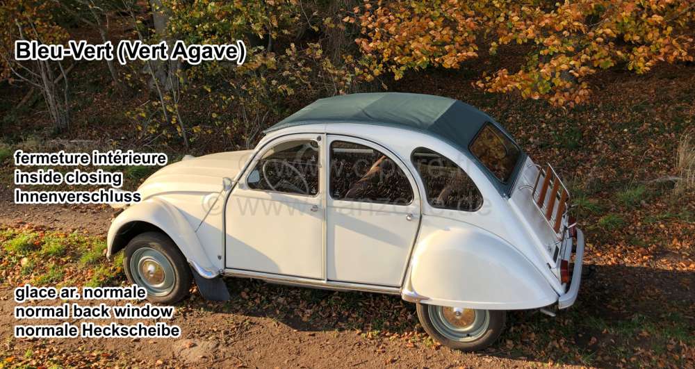 Alle - 2CV, Rolldach blau-grün (Vert Agave), feingerippt, Innenverschluss, normale Heckscheibe. 