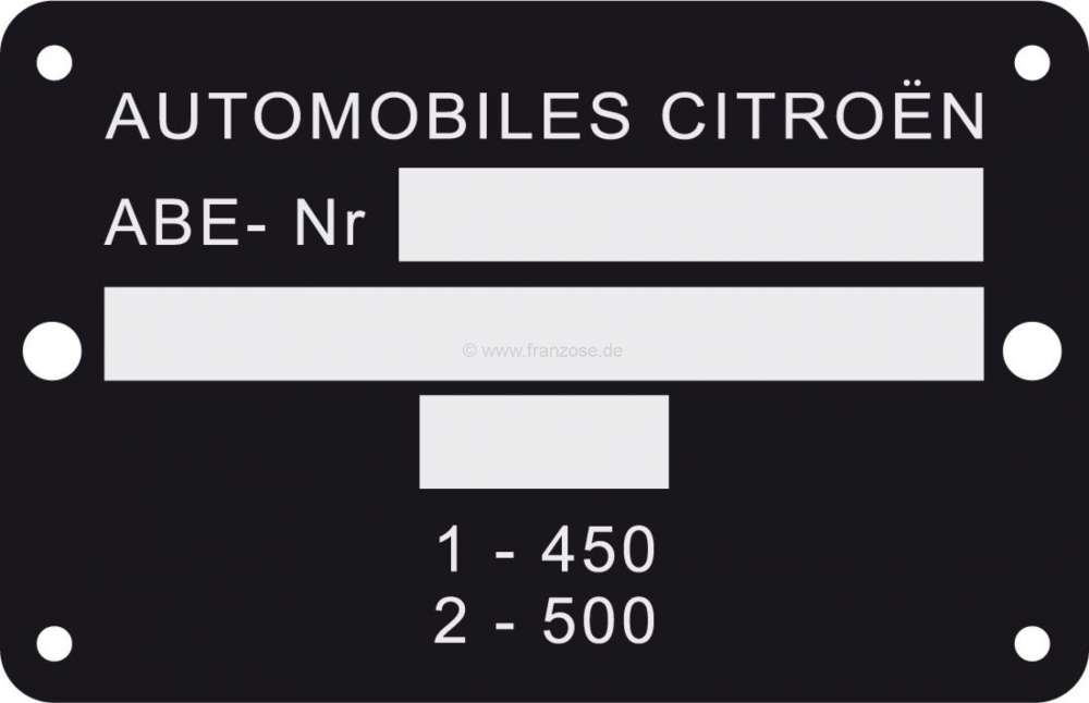 Citroen-2CV - Typenschild, deutsche Ausführung, für Citroen 2CV6. (Metall). 94x60mm, 6 Bohrungen. Dies