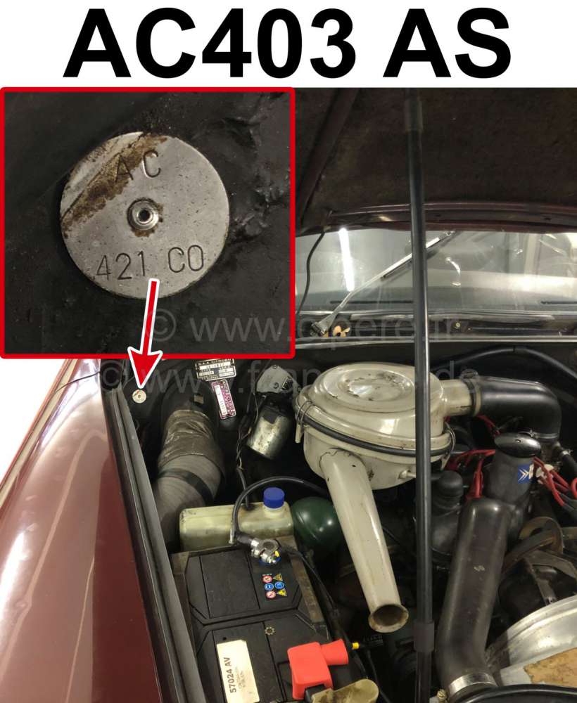 Citroen-2CV - Typenschild Farbe: AC403 AS. Befestigt im Motorraum Citroen DS, 2CV, Dyane