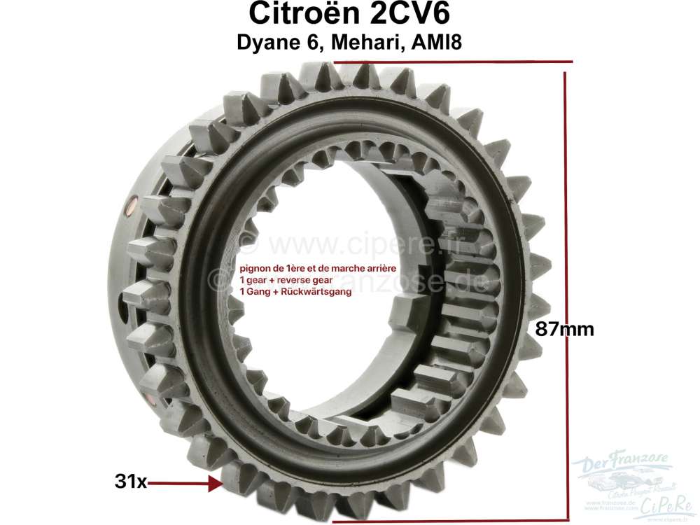 Citroen-2CV - Zahnrad Getriebe, für den 1 Gang + Rückwärtsgang. Passend für Citroen 2CV6. Durchmesse