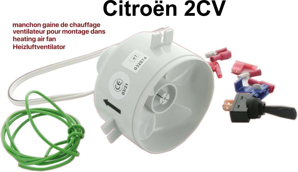 Citroen-2CV - Heizluftventilator für den Einbau in den Heizschlauch vom Citroen 2CV. Der Schlauch wird 
