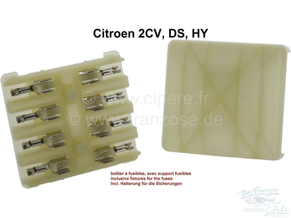 Citroen-2CV - Sicherungskasten mit Deckel. Farbe beige-grau. Für 4 Glassicherungen. Incl. Halterungen f