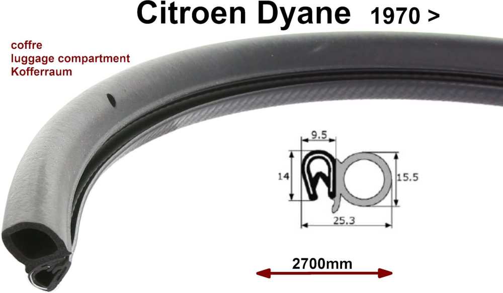 Citroen-2CV - Dyane, Dichtung für den Kofferraumdeckel. Passend für Citroen Dyane. Länge: 2700mm. Die