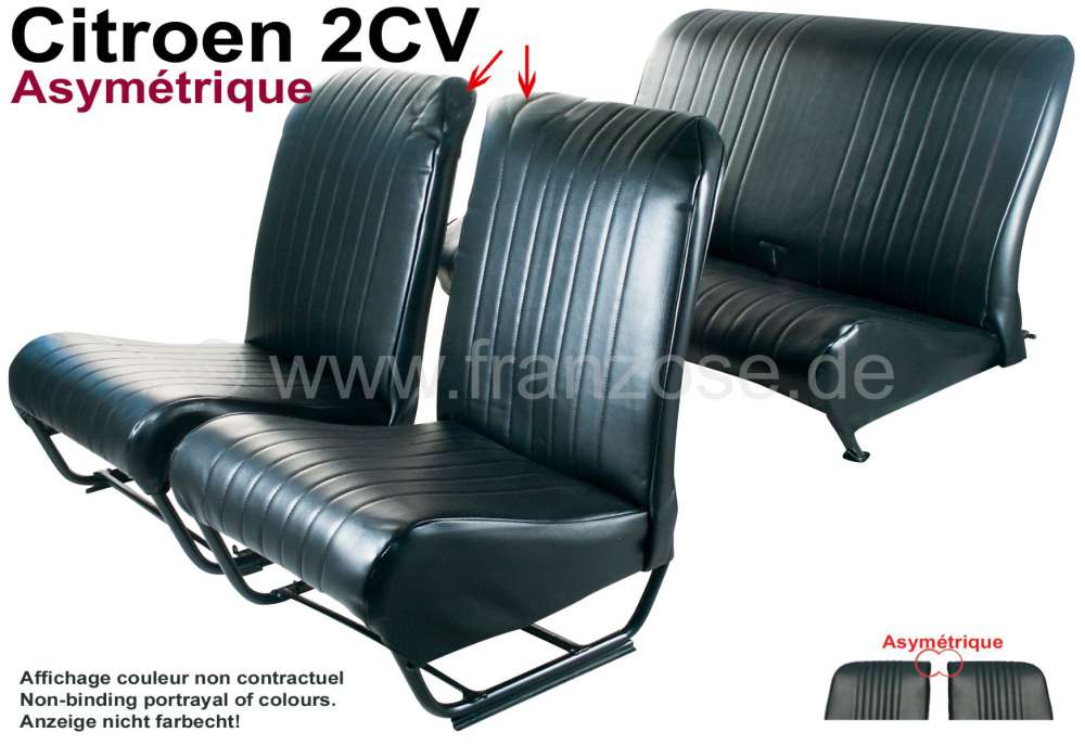 Citroen-2CV - Sitzbezug 2CV, vorne + hinten. Asymmetrische Rückenlehnen. Kunstleder schwarz (glatte Obe