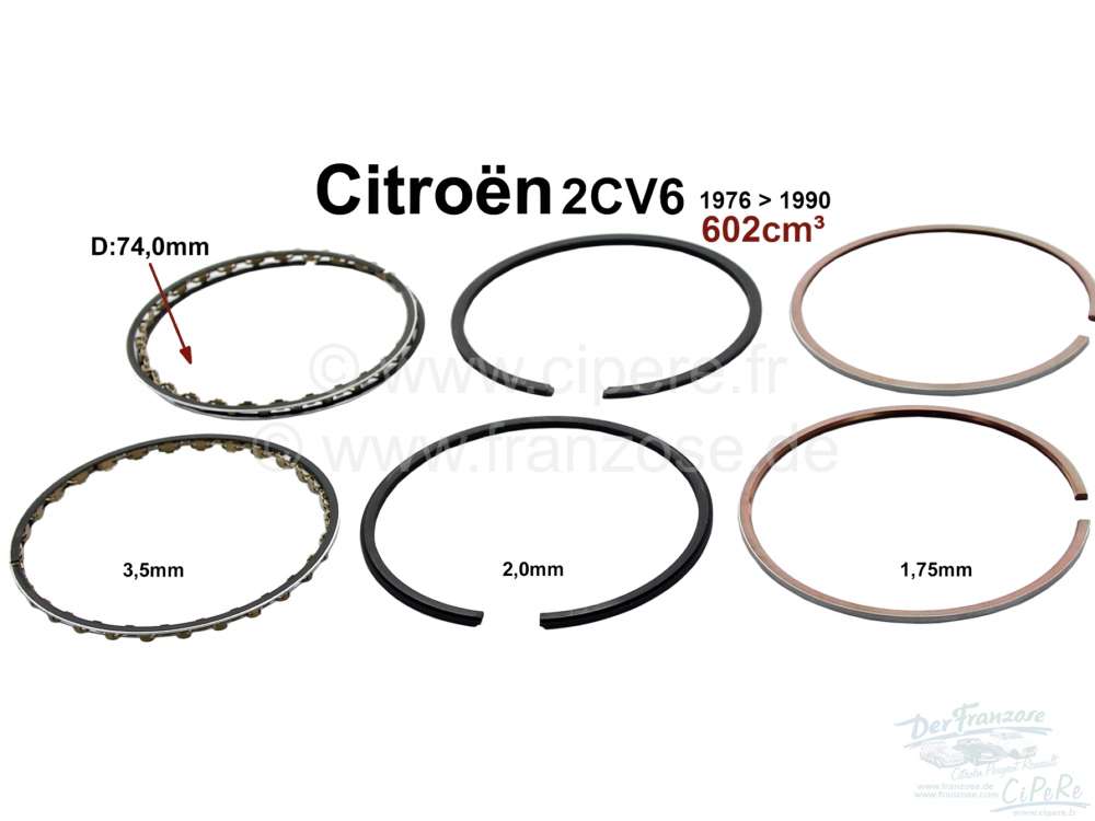 Citroen-2CV - Kolbenringe für Citroen 2CV6 ab Baujahr 1976. 1 Set beide Kolben. Maße 1,75 + 2,0 + 3,5m