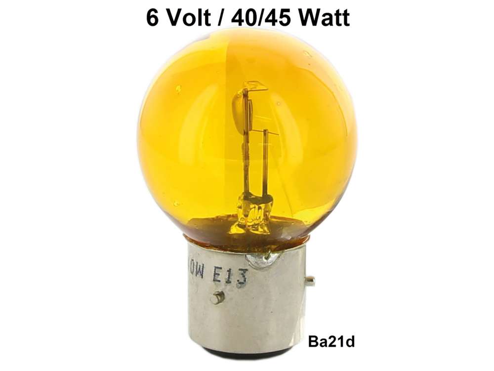 Citroen-DS-11CV-HY - Glühlampe 6 Volt, 45/40 Watt. in gelb!! Sockel mit 3 Stiften, Sockel Ba21d. 2CV frühe Ba
