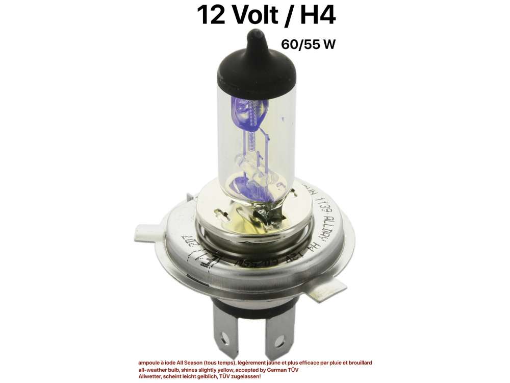 Alle - Glühlampe 12 Volt, H4, 55/60 Watt. Allwetter, scheint leicht gelblich, TÜV zugelassen!