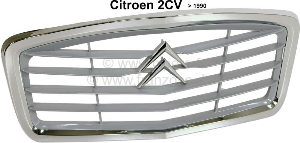 Citroen-2CV - 2CV, Kühlergrill aus Kunststoff (Nachbau), Farbe grau, mit verchromter Einfassung. Passen