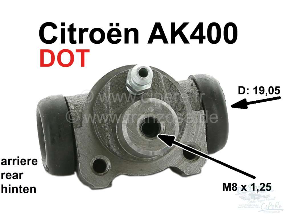 Citroen-2CV - Radbremszylinder hinten, Bremssystem DOT. Passend für Citroen AK400. (Kastenente). Kolben