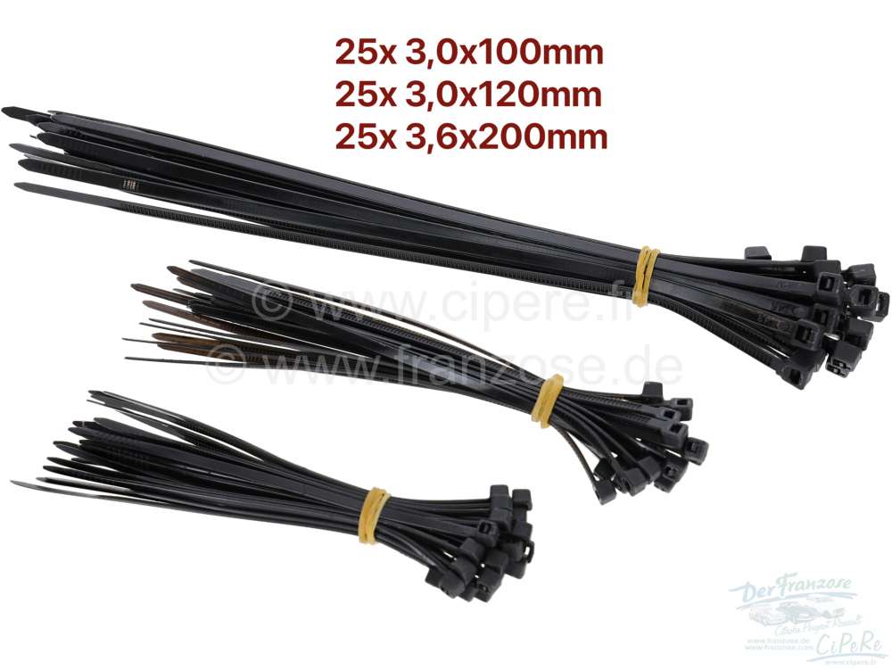 Peugeot - Kabelbinder Sortiment (schwarz). 75 Stück. Inhalt: 25 Kabelbinder 3,0 x 100 mm, 25 Kabelb