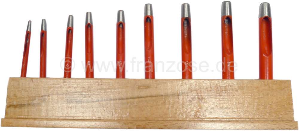 Sonstige-Citroen - Locheisensatz im Holzständer. Bestückt mit je einen Locheisen 2mm, 3mm, 4mm, 5mm, 6mm, 7