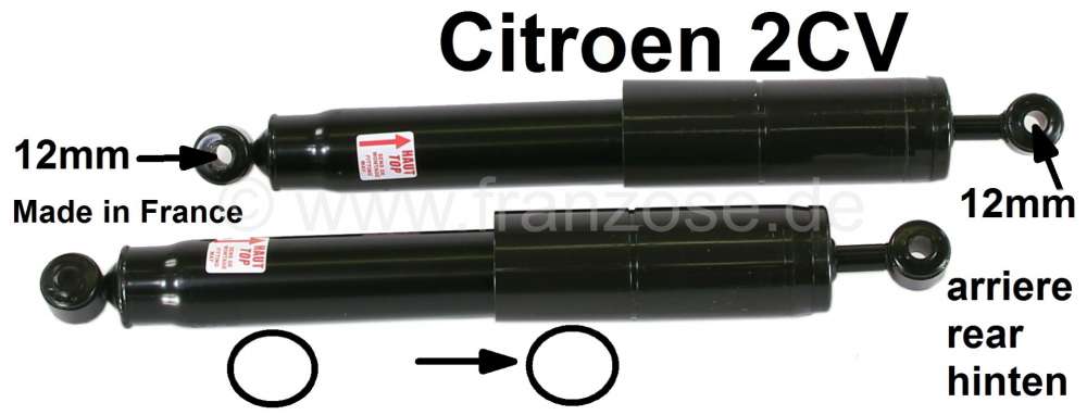 Citroen-2CV - Stoßdämpfer (2 Stück) hinten, für Citroen 2CV. Für 12mm Stoßdämpferbefestigung. Her