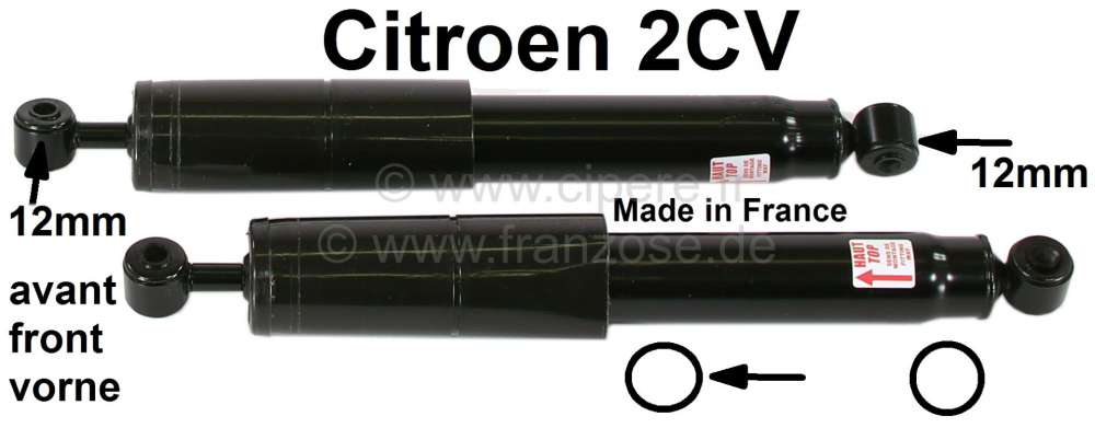 Citroen-2CV - Stoßdämpfer (2 Stück) vorne, für Citroen 2CV. Für 12mm Stoßdämpferbefestigung. Hers