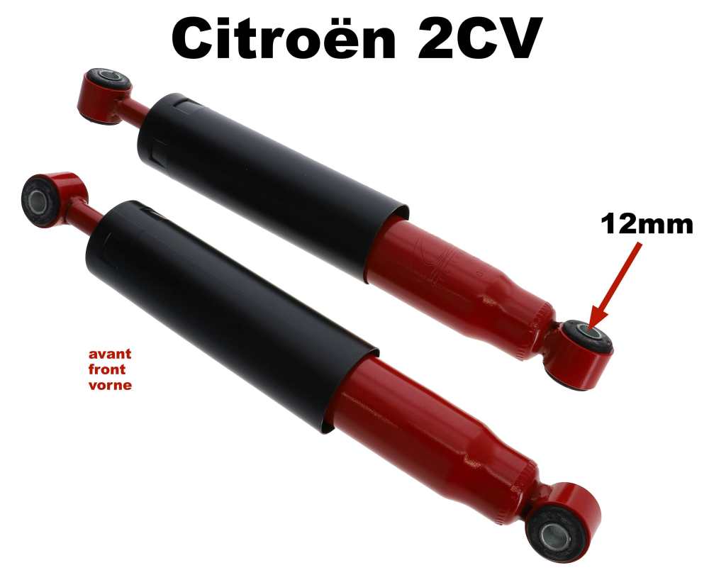 Citroen-2CV - Stoßdämpfer (2 Stück) vorne, für Citroen 2CV + Dyane. Für 12mm Stoßdämpferbefestigu