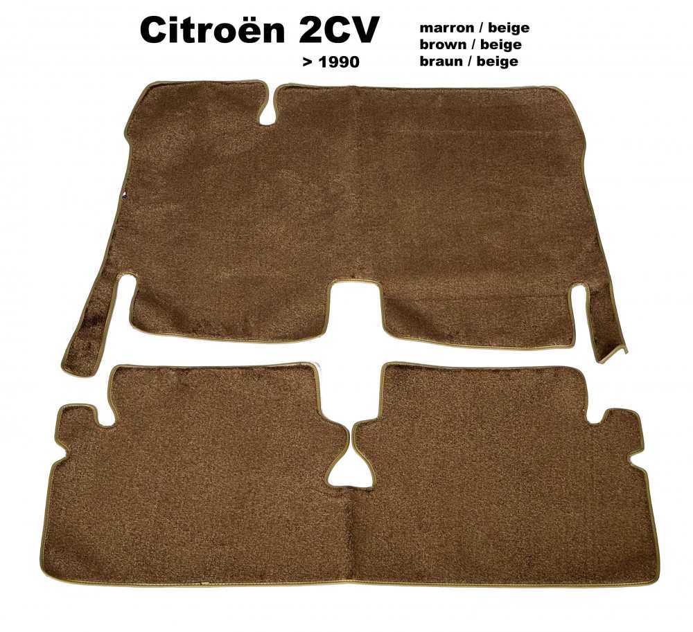Citroen-2CV - Teppichsatz in Velour. Farbe: braun (marron), beige eingefasst, 2-teilig. Der Teppichsatz 