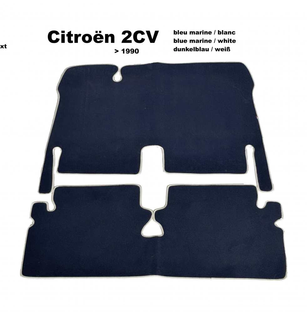 Citroen-2CV - Teppichsatz in Velour. Farbe: dunkelblau (Bleu marine), weiß (Blanc) eingefasst, 2-teilig