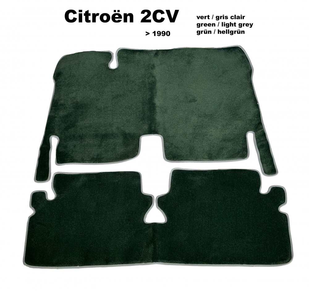 Citroen-2CV - Teppichsatz in Velour. Farbe: dunkelgrün (vert anglais), hellrau (Gris clair) eingefasst,