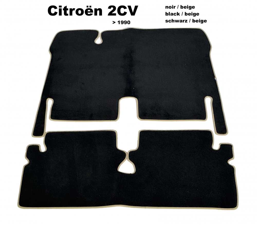 Citroen-2CV - Teppichsatz in Velour. Farbe: schwarz, beige eingefasst, 2-teilig. Der Teppichsatz bedeckt