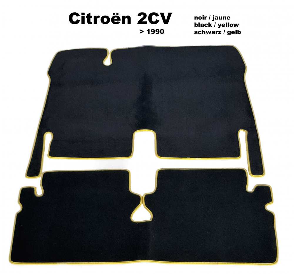 Citroen-2CV - Teppichsatz in Velour. Farbe: schwarz, gelb eingefasst, 2-teilig. Der Teppichsatz bedeckt 