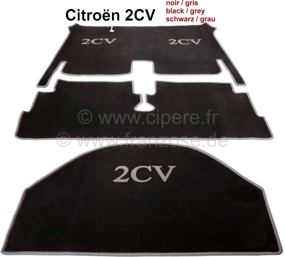 Citroen-2CV - Teppichsatz in Velour. Farbe: schwarz, grau eingefasst (gekettelt), 3-teilig. Der Teppichs