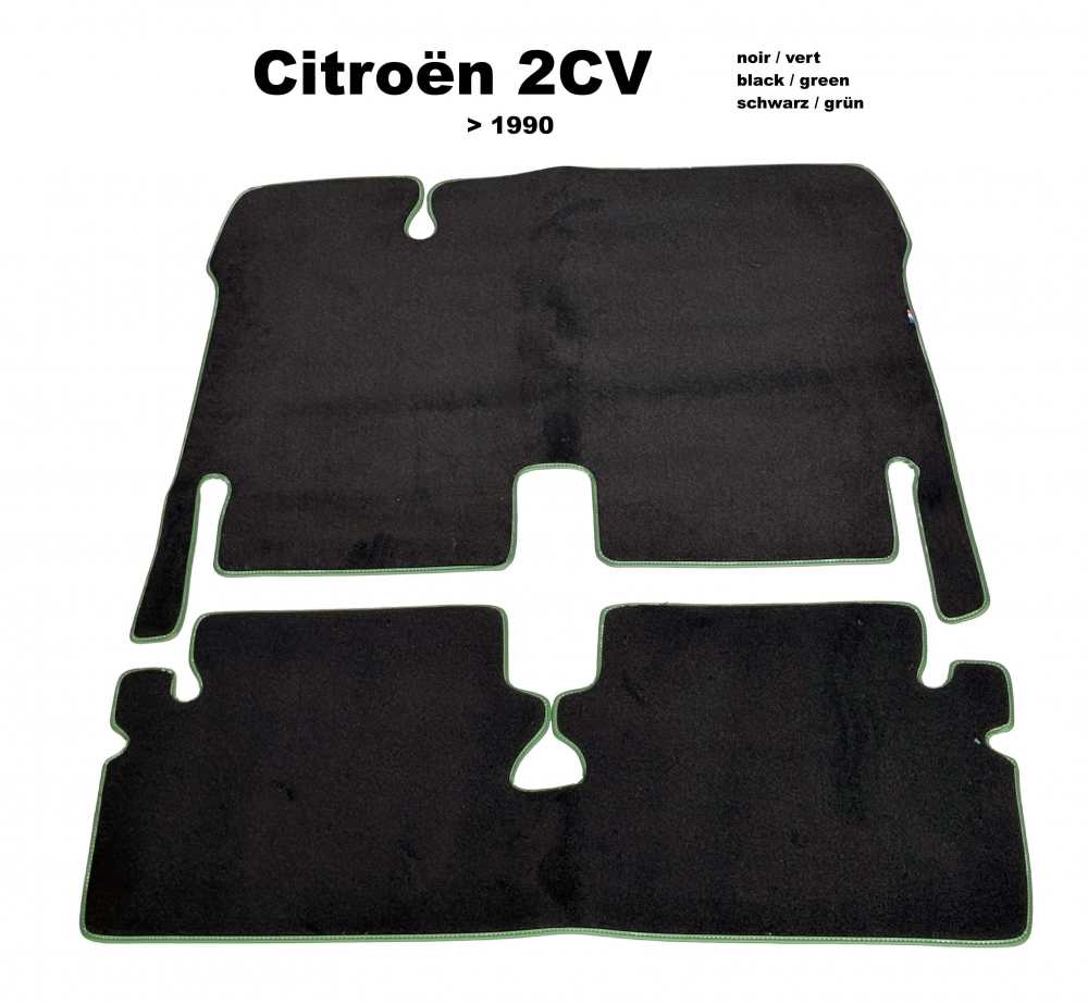 Citroen-2CV - Teppichsatz in Velour. Farbe: schwarz, grün eingefasst, 2-teilig. Der Teppichsatz bedeckt