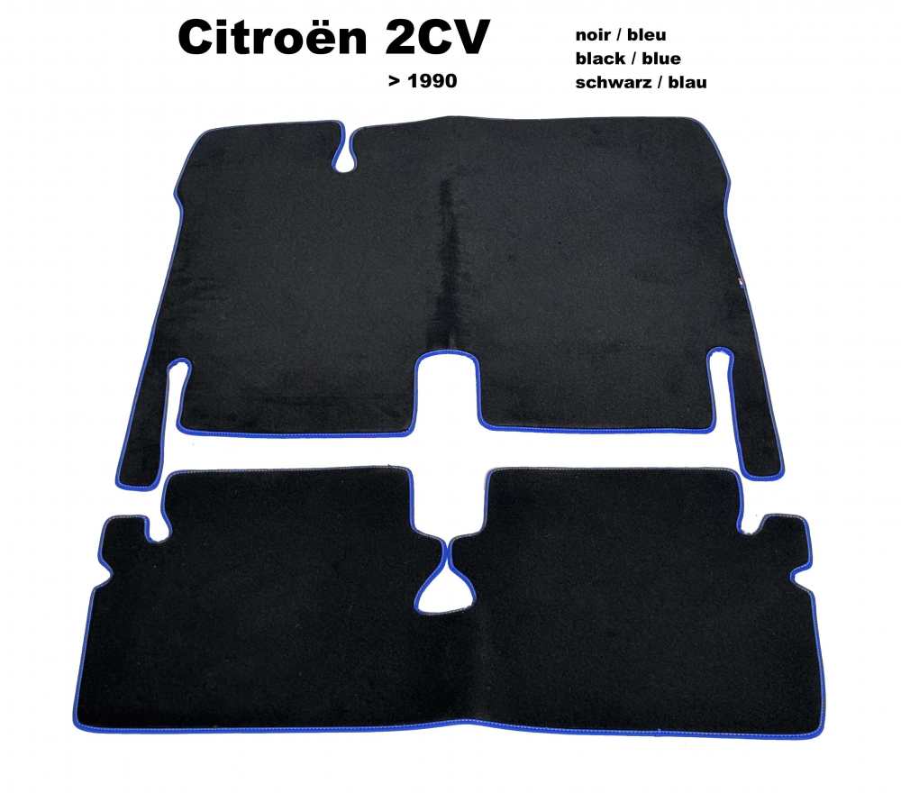Citroen-2CV - Teppichsatz in Velour. Farbe: schwarz (noir), blau (Bleu) eingefasst, 2-teilig. Der Teppic