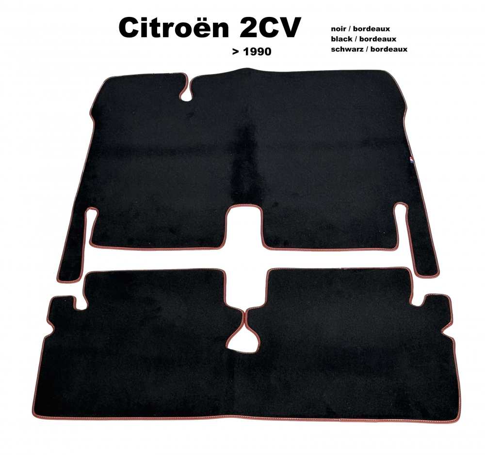 Citroen-2CV - Teppichsatz in Velour. Farbe: schwarz (noir), dunkelrot (bordeaux) eingefasst, 2-teilig. D