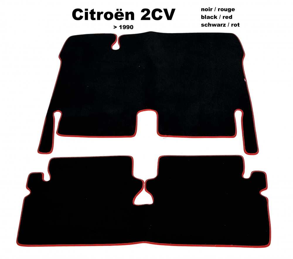 Citroen-2CV - Teppichsatz in Velour. Farbe: schwarz (Noir), rot (rouge) eingefasst, 2-teilig. Der Teppic