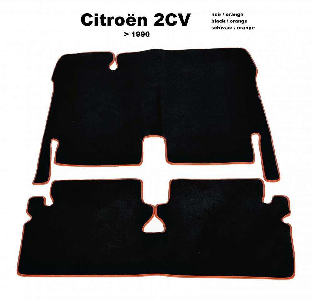 Citroen-2CV - Teppichsatz in Velour. Farbe: schwarz, orange eingefasst, 2-teilig. Der Teppichsatz bedeck