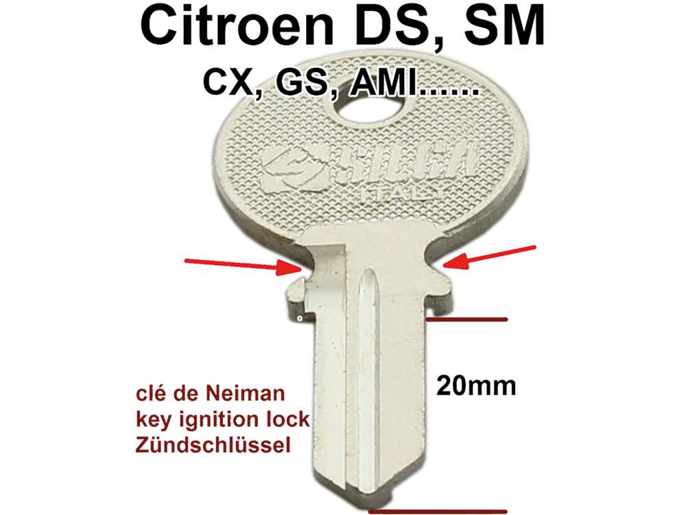 Citroen-2CV - Schlüsselrohling Türschloss. Passend für Citroen DS, bis Baujahr 1974. CItroen AMI6 + A