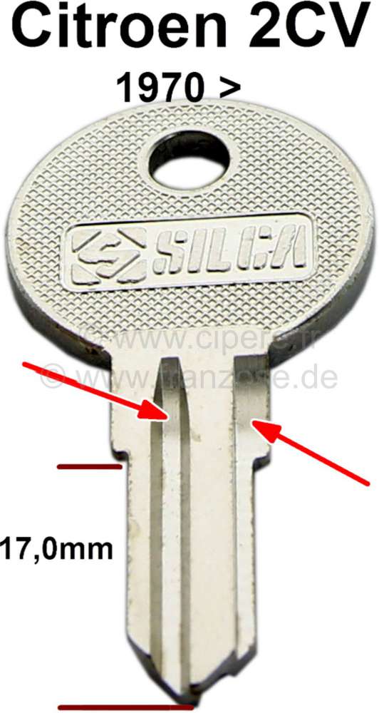 Citroen-2CV - 2CV, Türschloss, Schlüsselrohling, für Citroen 2CV ab Baujahr 1970. Für Schlossherstel