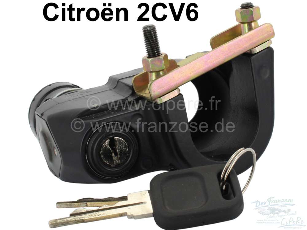 Citroen-2CV - Zündschloss komplett, für Citroen 2CV ab Baujahr 1974. Incl. Schlüssel + U-Bügel für 