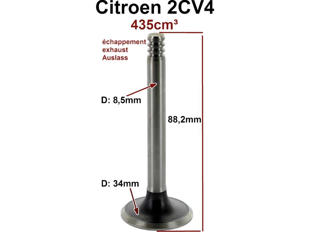 Citroen-2CV - Ventil 2CV4, Auslass, 435ccm Motor. Maß: 34 x 8,5 x 88,2. Motor: A79/1