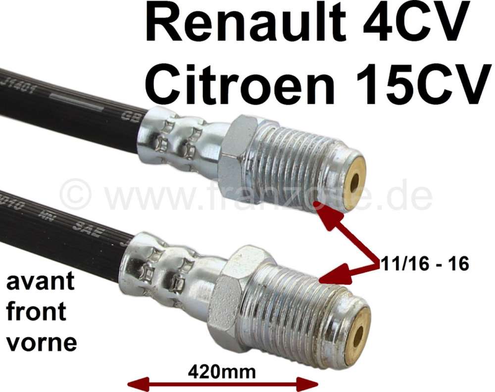 Citroen-2CV - 4CV/15CV, Bremsschlauch vorne. Passend für Renault 4CV + Citroen 15CV. Länge: ca. 420mm.