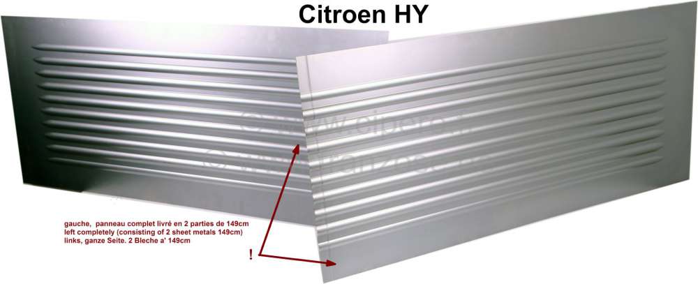 Citroen-DS-11CV-HY - Wellblech - Seitenblech links komplett (bestehend aus 2 Blechen 149cm). Passend für Citro