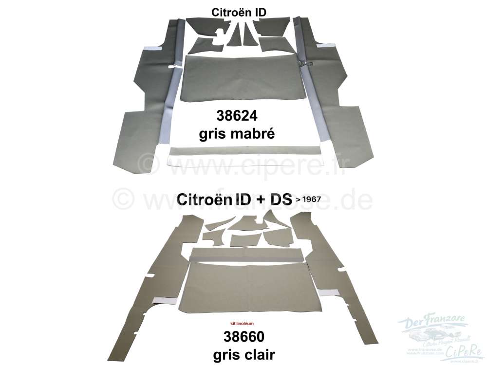 Citroen-DS-11CV-HY - ID, kompletter Fußbelag mit Schwellerverkleidung, Linoleum grau (gris marbré). Passend f