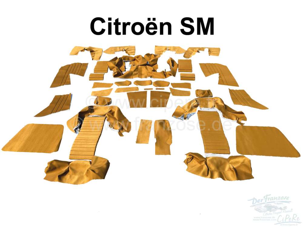Sonstige-Citroen - SM, Sitzbezüge vorne + hinten. Farbe: beige ocker (vieil or). Design: Abgenähte Querstre