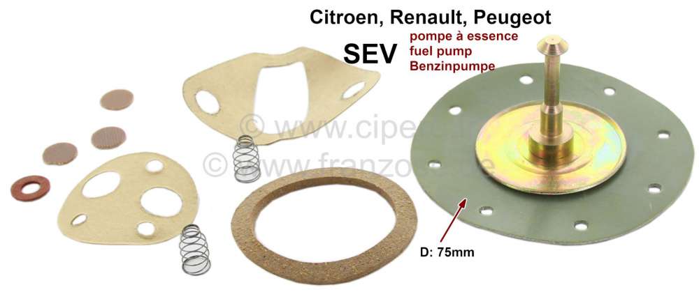 Peugeot - Benzinpumpen Reparatur Satz, nur für SEV Benzinpumpen. Membranendurchmesser: 75mm. Passen