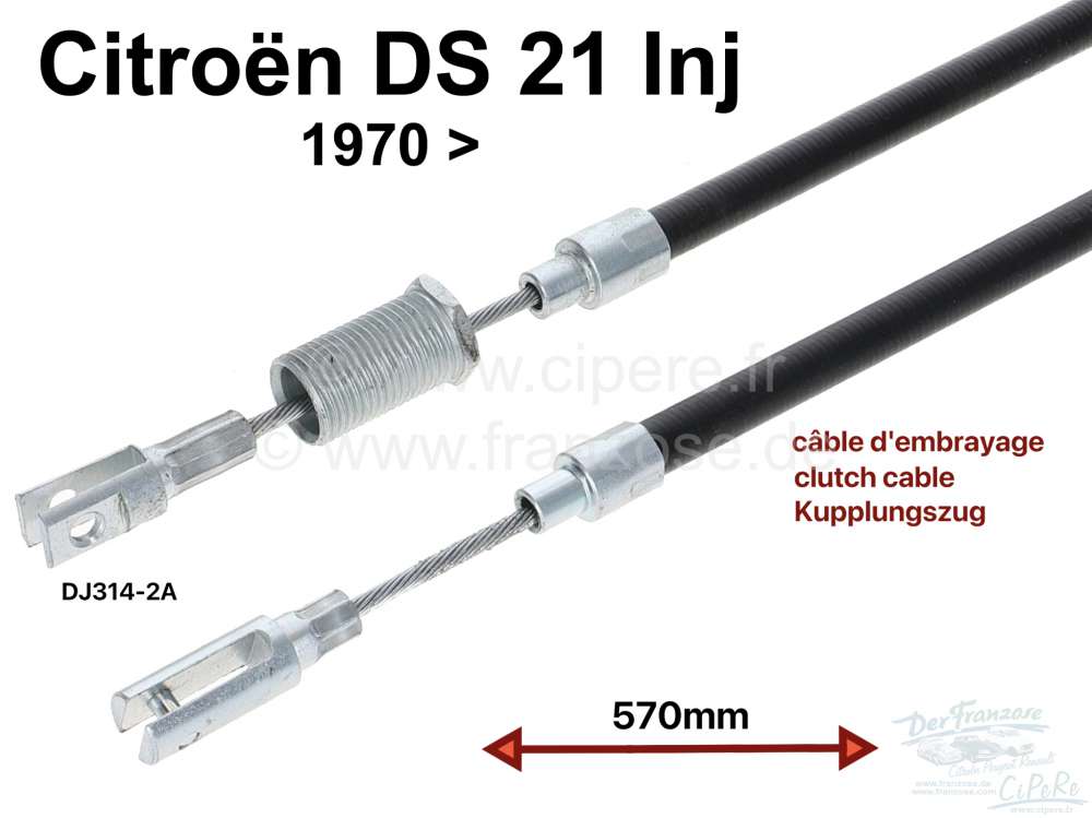 Citroen-DS-11CV-HY - Kupplungszug, passend für Citroen DS 21 IE., ab Baujahr 1970. Länge: 570mm.  Mantel: 400