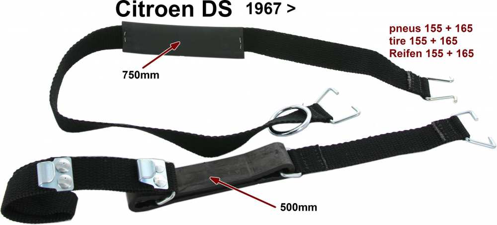 Citroen-DS-11CV-HY - Reserverad Halterungsband (750mm + 500mm) aus Baumwolle. Für Reifen: 155 + 165 x 15. Pass