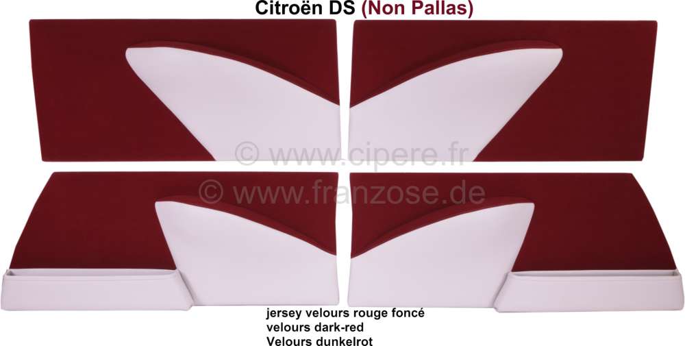 Citroen-2CV - DS Non Pallas, Türverkleidungungssatz (4 Stück). Velour dunkelrot (grenat). Passend für